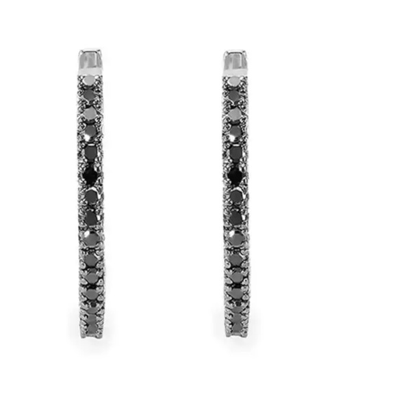 🌟 Sterling Silver Big Hoop Earring Black Diamonds - Picture 2 of 5